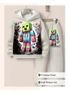 Boys New Fall Winter Fashion Cartoon Character 3D Print Hoodie Long Sweatpants Set, Casual Fitted Two-Piece