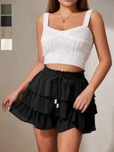 Women's High-Waisted Elastic Drawstring Fitted Short Skirt Pants, Sweet Style Solid Color Design, Perfect for All Seasons & Daily Wear