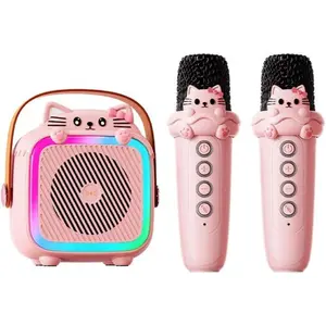 Karaoke Machine with 2 Wireless Microphones for Kids Adults,Portable Bluetooth Speaker Girls Toddlers Toy Gift for Aged 3-12 Year Birthday Parties Christmas Party - Pink
