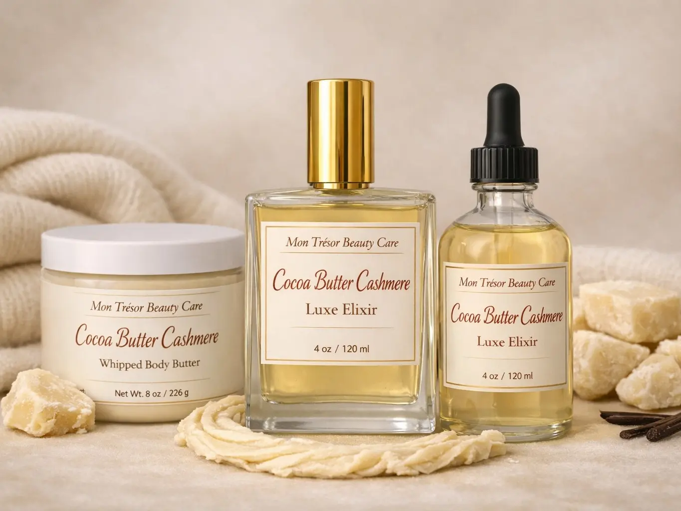 Body Care Trio with Cocoa & Shea Butter - Nourishing Elixir Oil, Body Butter & Parfum with a Warm Spicy Vanilla & Floral Gourmand Aroma, Scented, Moisturizing, Woody