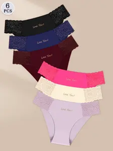 Women's Lace Trim Panties Set, Breathable Low Waist Fit Underwear, Sexy Printed Design, Comfortable Everyday Daily Wear, Pack of 6, Soft Underwear