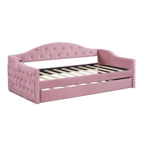 Upholstered Daybed and Trundle, Velvet Modern Button Tufted Twin Size Daybed Frame with USB&Type-C Charging Ports, Daybed Sofa Bed with Wood Slat Support, for Bedroom Living Room Guest Room (Pink)