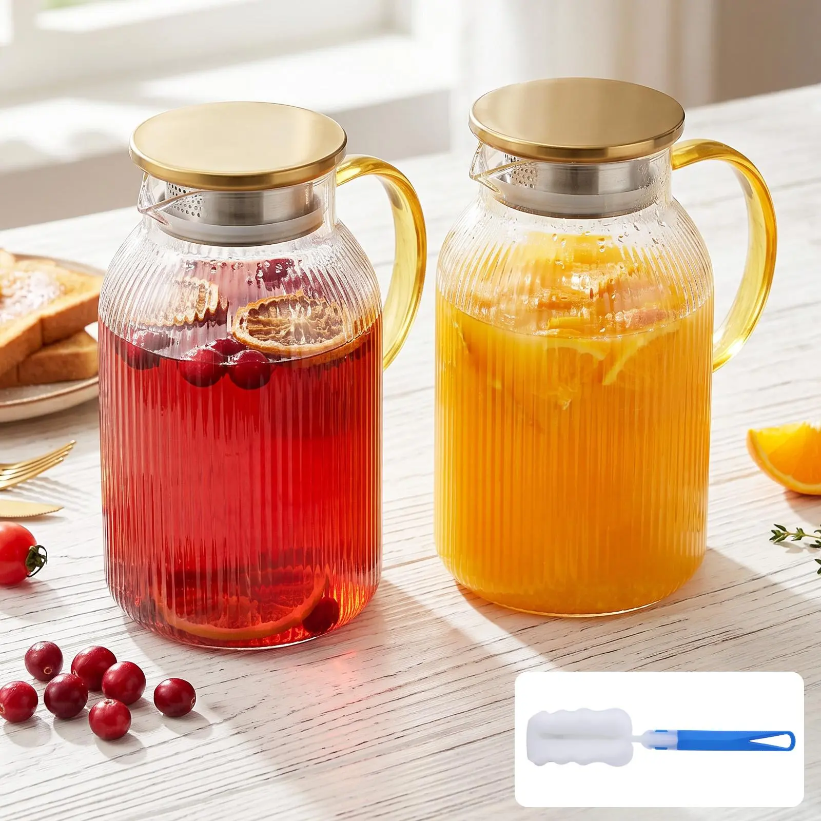 2-Pack Heat-Resistant Glass Pitcher with Lid & Handle, 1.5L Classic Vertical Stripes Glass Carafe for Cold Brew, Lemonade, Beverage Storage