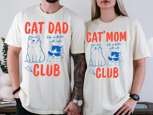 Cat Mom & Cat Dad Couple Shirts, Cat Mom Dad Club TShirt Set, Matching Funny Back Design Tee, Cat Lover Pet Parent Gift - HARSIN