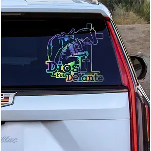 2 pieces of denim "God is Before Me" stickers, self-adhesive vinyl decals, holographic religious car stickers