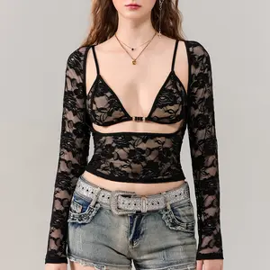 Women Floral Lace Tops Low Cut Sheer Long Sleeve Pullovers Fitted Crop Shirt with Bra Summer Streetwear Clubwear