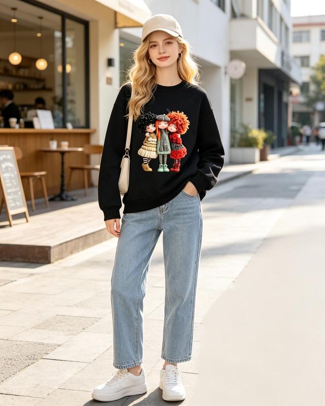 Women's Boho Cute Doll Trio Graphic Print Fitted Medium-Length Long-Sleeve Crewneck Sweatshirt - Sohochic Casual Fall Pullover Top for Girls, Comfortable Everyday Style