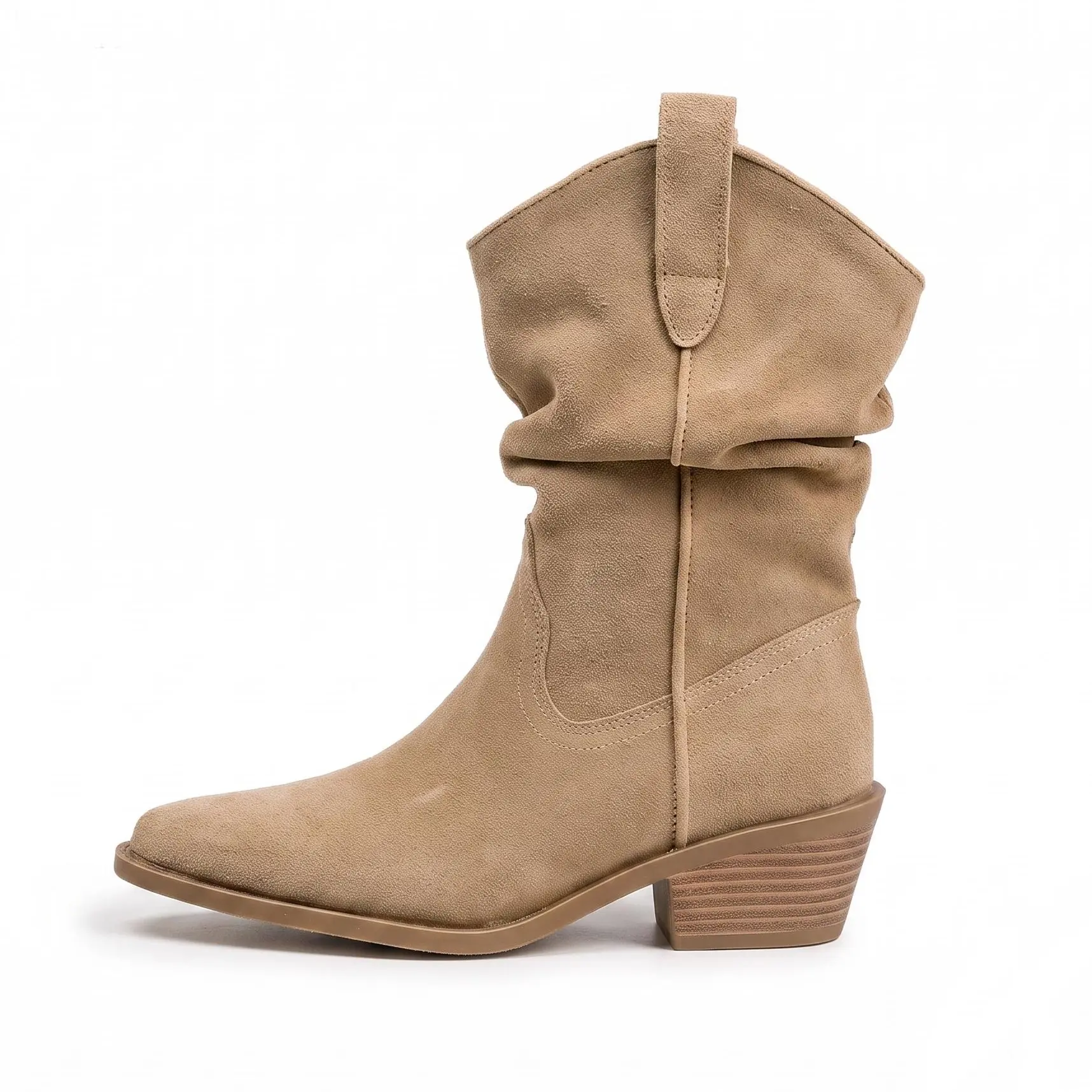 Women's Western Cowgirl Boots Suede Slouch Mid Calf Booties Pointed Toe Chunky Block Heel Ruched Pull On Boho Country Concert Festival Fall Winter Casual Shoes