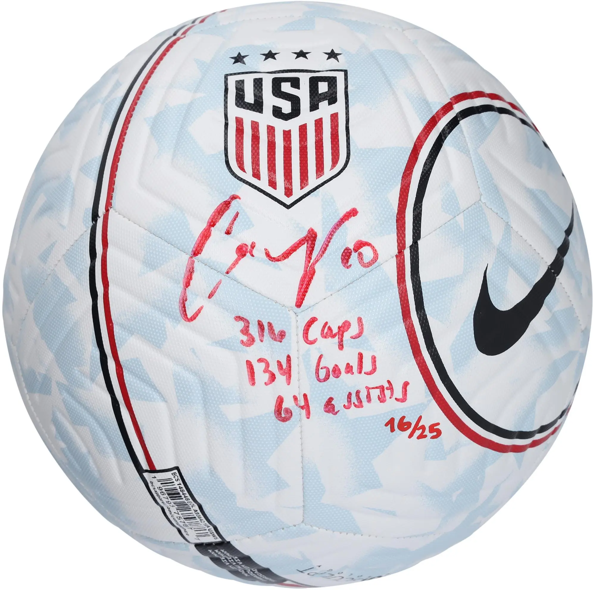 Carli Lloyd USWNT Autographed Nike USA Logo Soccer Ball with Multiple Inscriptions - Limited Edition of 25 - Signed in Red - Fanatics Authentic Certified