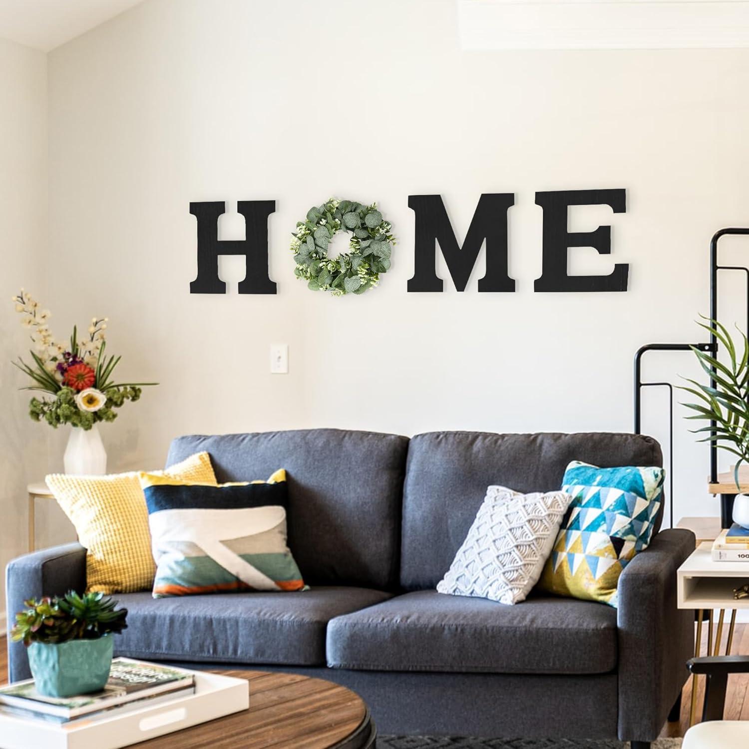 Wood Home Sign with Artificial Eucalyptus Wreath for O, Hanging Farmhouse Wall House Decor Wood Letters for Wall Art Rustic Home Decor, Wall Decor for Living Room Kitchen Entryway (Black) Wooden Ornaments Hangable