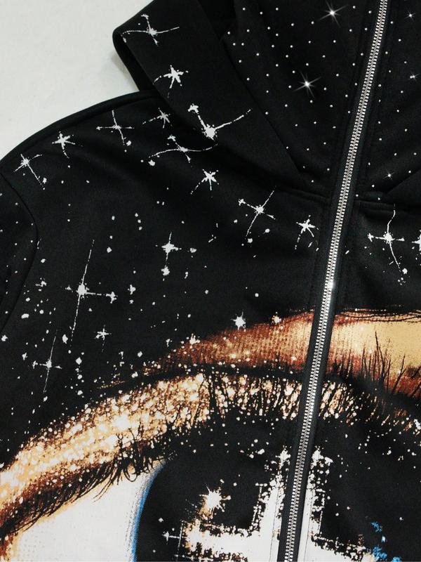 Eye print two hats zipper cardigan men's hoodie, Graphic hoodies, sleeve hat hot rhinestone, sparkling starry sky unisex hoodie European and American street jacket, autumn and winter plus velvet hoodie Instagram style