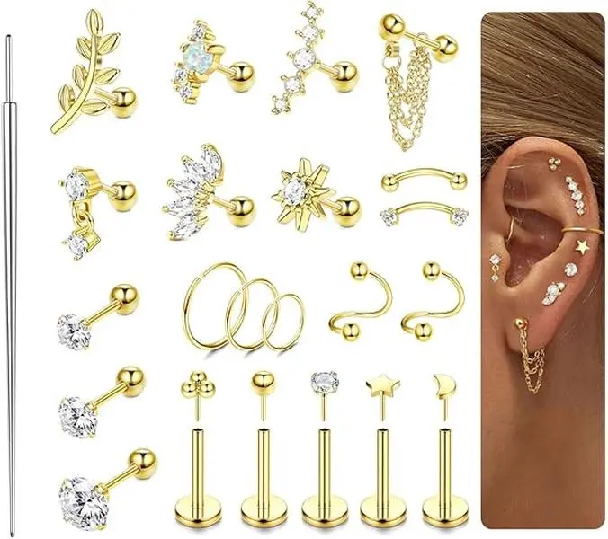 ORAZIO 16 Gauge Cartilage Earrings for Women-Hypoallergenic Surgical Stainless Steel Tragus Earring Set Threadless Flat Back Earrings Push in Nose Studs Daith Conch Tragus Helix Piercing Jewelry
