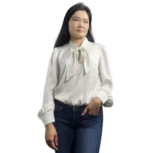 Pin Dot Tie Neck Satin Blouse