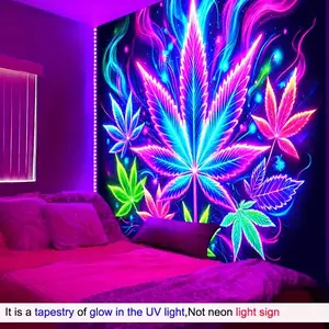 1pc 2D/Flat UV Black Light Neon Psychedelic Leaf Polyester Flag Banner Tapestry, Neon Light Game Room Photography Backdrop, 78.74X59.05 Inch, Living Room Bedroom Office Terrace Indoor Outdoor Home Wall Club Gym Party Supplies Decorations St