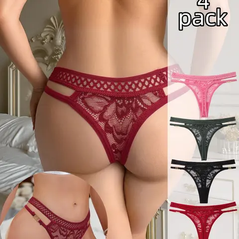 Solid Color Cut Out Flower Lace Women's Low Waist Thong, Waist Buckle Design, Mesh Sheer Elegant Sexy Underwear, Lingerie, Sheer Panty, 4 Pcs Set, All Seasons