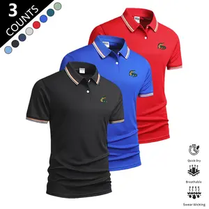 Men’s quick-dry polo shirts, 3-pack — breathable, moisture-wicking casual short sleeves for golf; ribbed collar and button front design; suitable for golf courses, business meetings, daily commuting, weekend outings, and light sports.