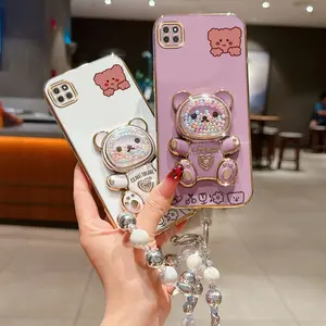 MotoG9Power Impact Resistant Plating Pearl Strap Lanyard Phone Holder Case For Compatible With Motorola Moto G9 Power Cute Cotton Little Bear Cartoon Pattern Stand Cover