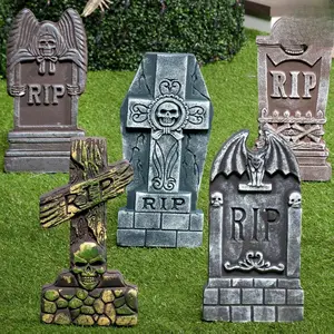 JOYIN 17" Halloween Foam RIP Graveyard Tombstones 5 Pack with 12 Metal Stakes for Outdoor Decorations Realistic Spooky Designs for Halloween Parties and Cemeteries Set Insert