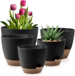 Pots 10/9/8/7.5/7 Inch Self Watering Pots, Set of 5 Plastic Planters with Drainage Holes and Saucers,Plastic Flower Pots, Planting Pot for Indoor Out Door (Black Brown)