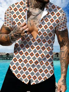 Men's Geometric Pattern Short Sleeve Shirt, Summer Slim Lapel Casual Top, Fashion Trendy Men's Wear