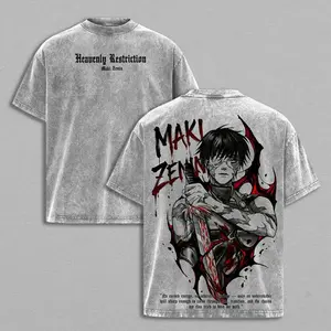 Unisex couple T-shirts Maki Zenin Jujutsu Kaisen T-Shirt – Vintage Washed Oversized Anime Tee, Dark Aesthetic Maki Manga Graphic Shirt, Heavy Cotton Unisex Streetwear JJK Merch, Fall Outfit Anime Gift