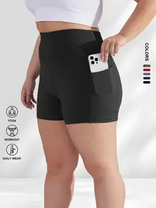 [Plus Size] High Waist Pocket Skinny Shorts, Casual Comfy Breathable Short Leggings for Daily Wear, Women's Bottoms for Summer, Athletic Lounge Shorts, Running Workout Shorts