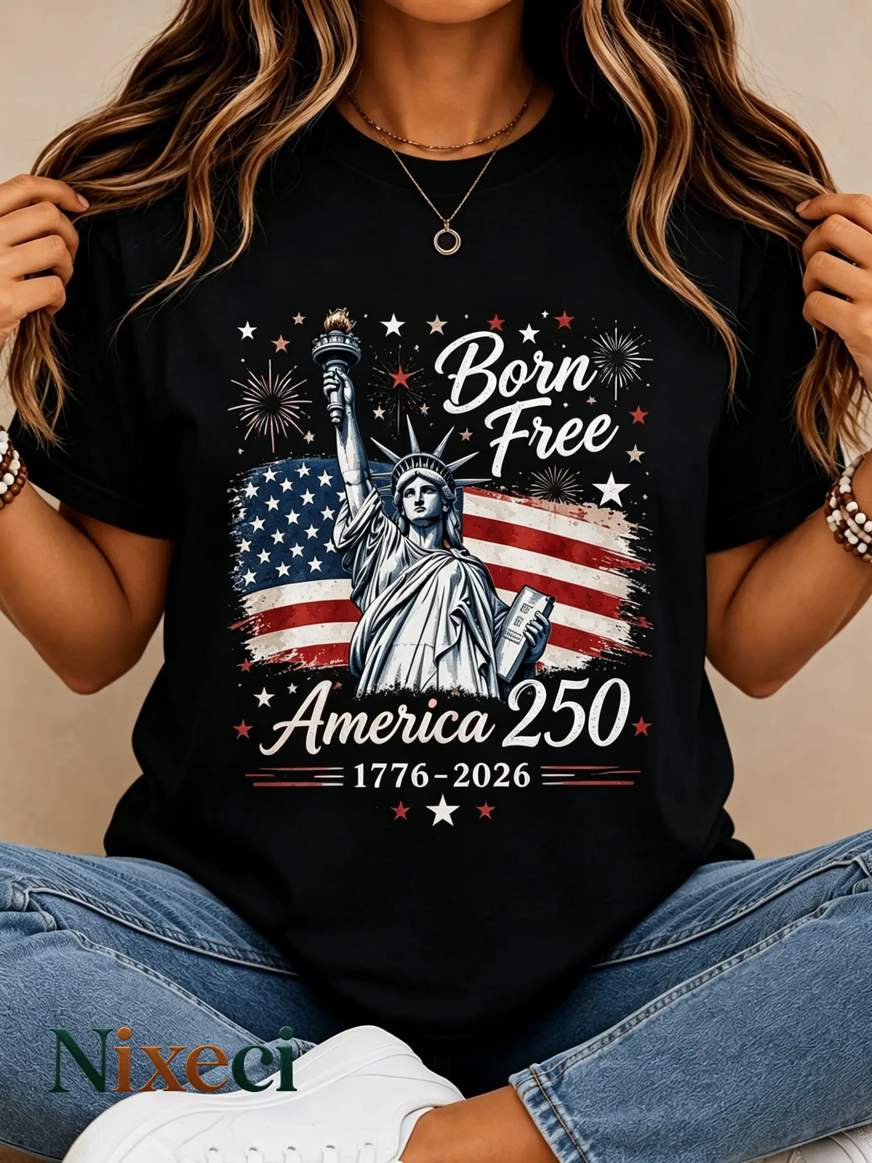 2026 United States 250th Anniversary Women's T-shirt Summer Retro Statue of Liberty American Flag Printed Short Sleeve Round Neck Loose Casual Top Independence Day 4th of July Patriotic Style Versatile Large Size T-shirt