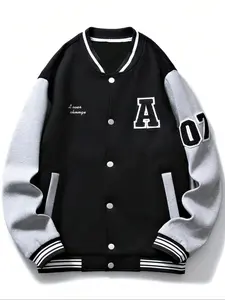 【Plus Size】 Men's Colorblock Letter & Figure Patched Drop Shoulder Baseball Collar Varsity Jacket, Casual Comfy Regular Fit Long Sleeve Button Front Pocket Outerwear for Daily Wear, Men's Clothes for Fall & Winter