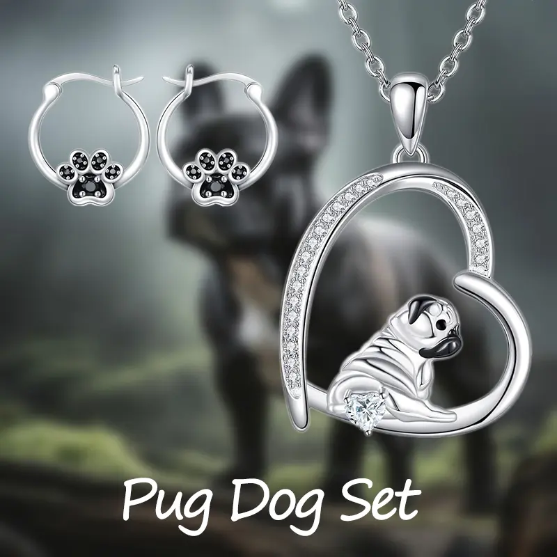 Cute Animal Paw Charm Pendant Jewelry Set with Pug Dog Heart Necklace & Hook Earrings, 3-Piece Alloy Set for Daily Wear, Animal-Themed Jewelry Sets, Paw Print Jewelry Sets