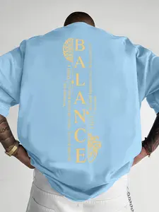 Men's BALANCE Graphic Oversized T-Shirt, Minimalist Front Letter & Artistic Back Print Tee, Streetwear Casual Short Sleeve Top, Curved Hem Design, Soft Cotton Loose Fit Crewneck Shirt, Viral TikTok Minimalist Fashion Essential