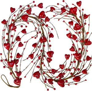 5.2' Valentine's Day Garland Red Heart and Berry Garland Red Heart Burgundy Berry Pip Berry Artificial Garland Decorations for Spring Wedding Valentine Fireplace Mantel Table Décor