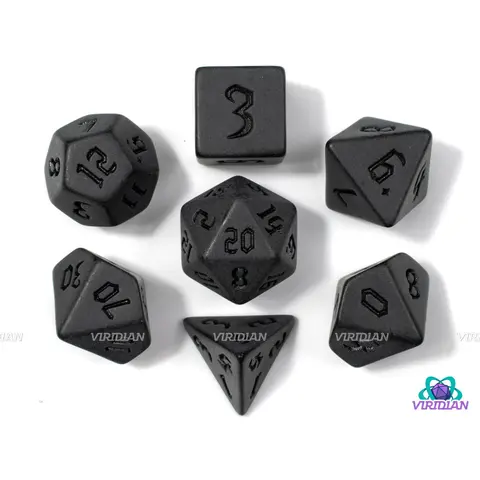 Gothic Abyss | Opaque Matte Dark Gray-Black, Uninked with Stylized Gothic Font | Acrylic Dice Set (7)
