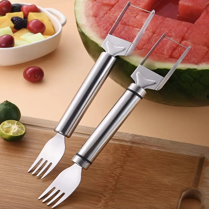 1/2Counts, Watermelon Fork Slicer,Watermelon Slicer Cutter,Watermelon Cube Cutting Tool, 2-in-1 Stainless Steel Fruit Cutter, Dual Head Fruit Forks Slicer Knife with Round Handle,Fruit Cutting Kitchen Utensils,Kitchen Gadgets,Portable Modern