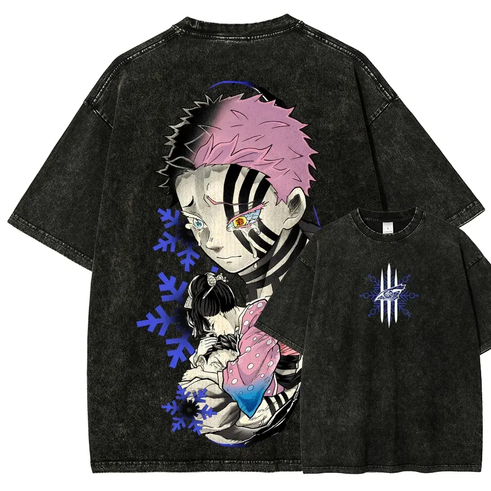 Demon Slayer Akaza Upper Moon 3 Oversized Graphic Tee Vintage Acid Wash Anime T Shirt Y2K Streetwear Gym Pump Cover Koyuki Retro Manga Merch Tiktok Finds Trendy Dark Aesthetic Workout Fit Casual Top Kimetsu No Yaiba Mens Activewear Villain