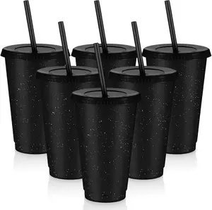 6 count  Tumbler with Lids and Straws Plastic Iced Coffee Tumbler Glitter Travel Mug Cup for Smoothie Juices Birthday Party Cold Drink Coffee Cup Bulk for Adult  Women(16 oz,Black)