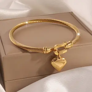 18K Gold Color Stainless Steel Heart Pendant Charm Bangle Bracelet for Women Men, Waterproof Minimalist Fashion Jewelry, Daily Wear & Perfect Gift