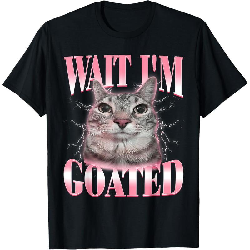 Men’s Graphic Round Neck T-Shirt - Menswear, Men's Clothing, Unbranded, 180g Cotton, Loose-Fitting Unisex Cut, Short-Sleeve, 'Wait I'm Goated' Cat Meme Digital Print, Casual Streetwear Sports Top