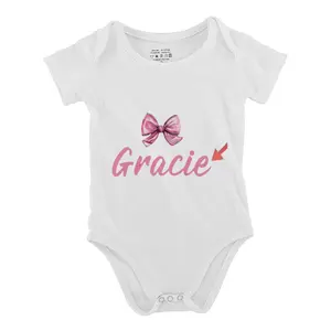 Funny Baby Babysuit Custom Name & Bow Detail Letter Print Baby Short Sleeve Onesies Romper For Infant, Newborn Boys Girls Soft Casual Outfit, Outdoor Baby Bodysuits