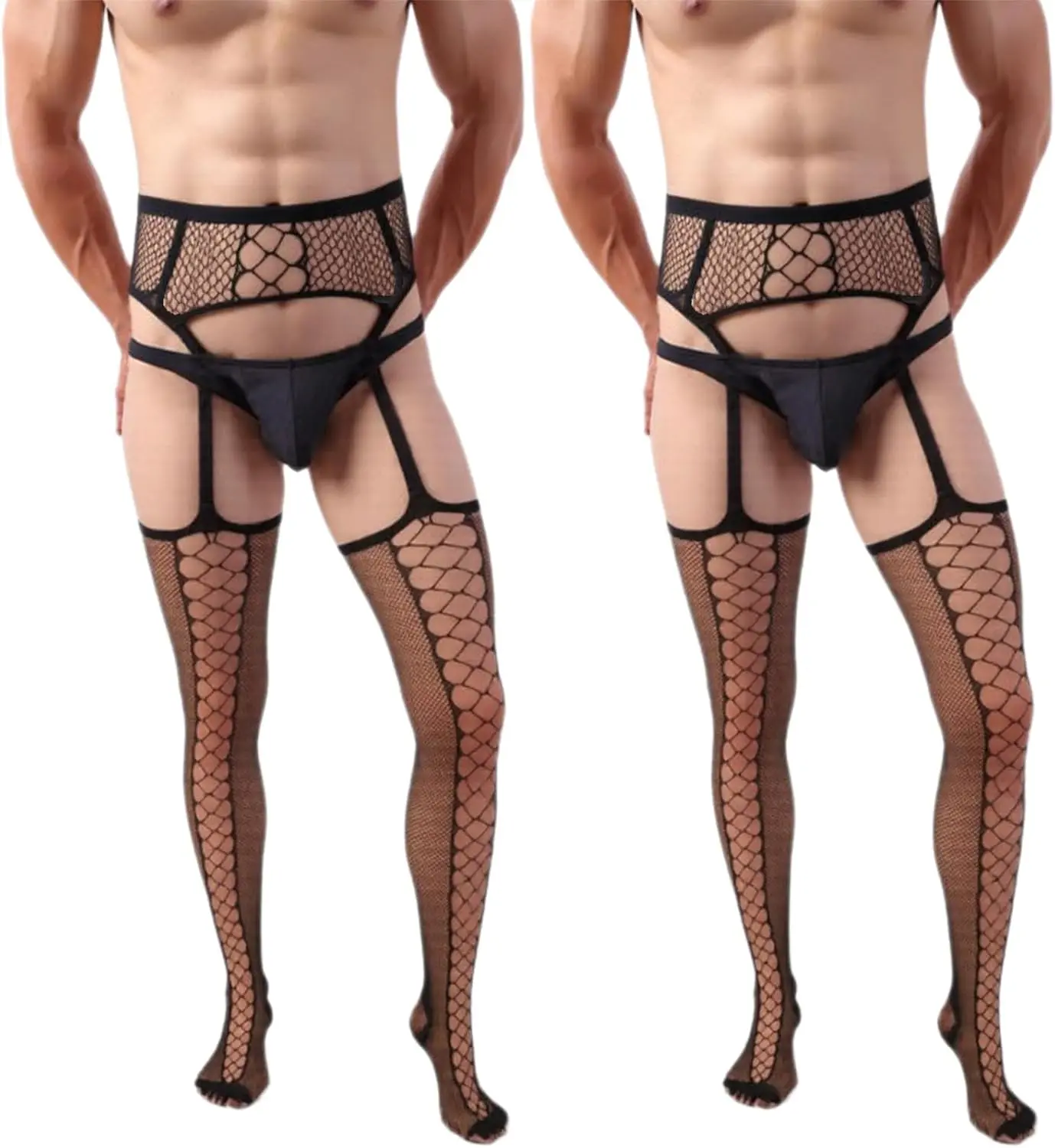 2pcs Men's Fishnet Thigh High Stockings - Lace Tights with Suspender, Pantyhose for Man