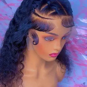 210 Density 18-26”13x4 Transparent Lace Front Wigs Human Hair Pre Plucked Pre Bleached Pre Cut with Baby Hair Transparent Glueless Water Wave Frontal Wigs for Women Natural Black Color Wear and Go