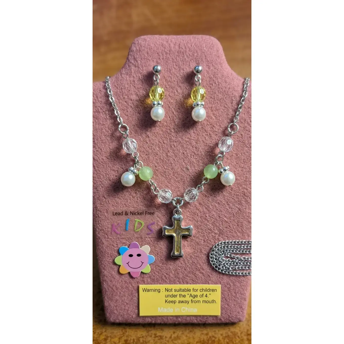 Girls' Christian Style Cross Chain & Earrings Set - Pastel Bead Jewelry, Jeweled Cross Pendant for First Communion, Birthday