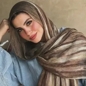 2026 Turkey Muslim Women Cotton Rayon Tie dye Stripe Crinkle Hijab Shawl