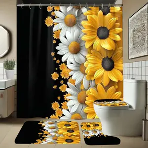 Floral Pattern Bathroom Set, Includes Soft Shower Curtain, Bath Mat, Toilet Seat Cover, Elegant Decor, 1/4 Piece Set, Bathroom Accessories Set