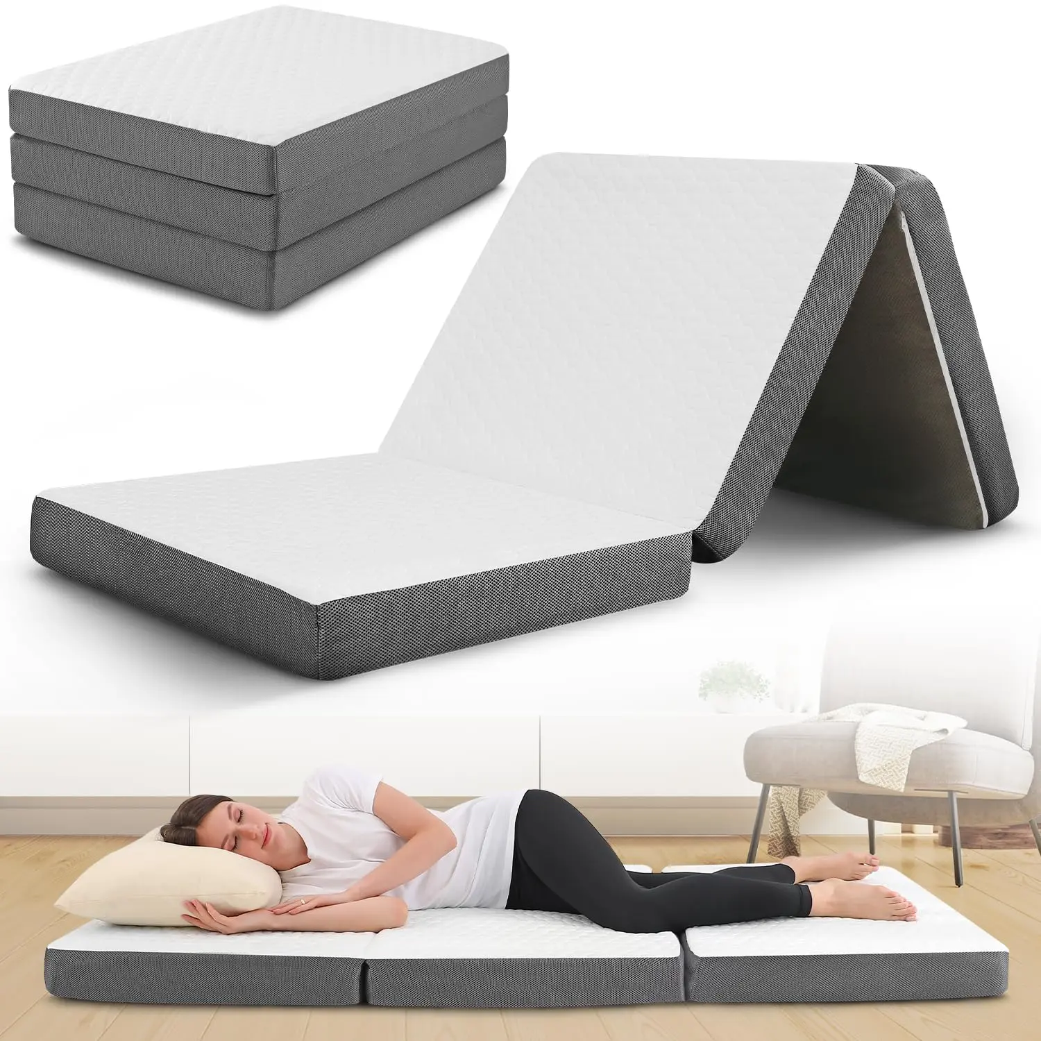 Tri Folding Mattress with Memory Foam Layer - Trifold Foldable Bed Mattress with Washable Cover | Non-Slip Bottom Floor Mattress Perfect Guest Bed