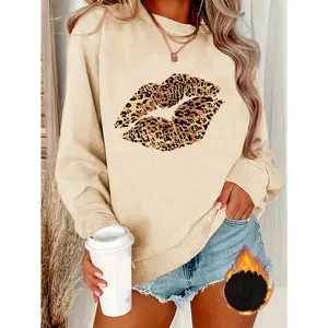 Leopard Lip Print Sweatshirt, Crew Neck Casual Sweatshirt For Winter & Fall, Women's Clothing