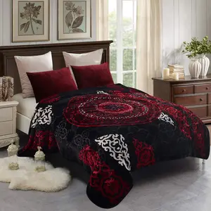 Fleece Blanket  Size, Heavy Korean Style Fleece Bed Blanket 85x95 Inches- 9 Lbs, Single Ply, Soft and Warm, Thick Raschel Printed with Embossing  for Fall,Winter,Gifts, Black-Red