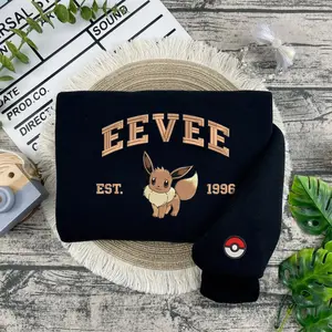 Eeve Characters Embroidered Sweatshirt, P_kem0n Chacracters Matching Emdroidery Sweatshirt, Custom Anime Pokemon Sweater, Trendy Unisex Crewneck Sweater For Men And Women, Gifts For Him