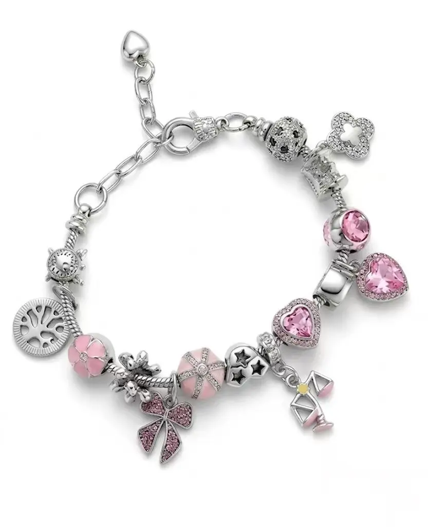 #JY Dora Bracelet Pink Acrylic Crystal Butterfly Heart Charm Bracelet, Stainless Steel & Alloy Adjustable Beaded Bracelet, Aesthetic Girly Jewelry Gift for Women Teen Girls