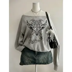 Women's oversized off shoulder hooded sweatshirt, Y2K Gothic style, cross and wing prints, comfortable daily street casual atmosphere, perfect for strolling and fashionable styling