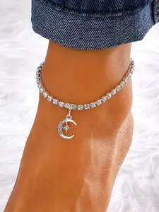Rhinestone Star & Moon Charm Anklet, Fashionable Jewelry for Women & Girls for Party, Daily Clothing Decor, Trendy All-match & Exquisite Jewelry for Birthday Gift, Elegant Fashion Accessories